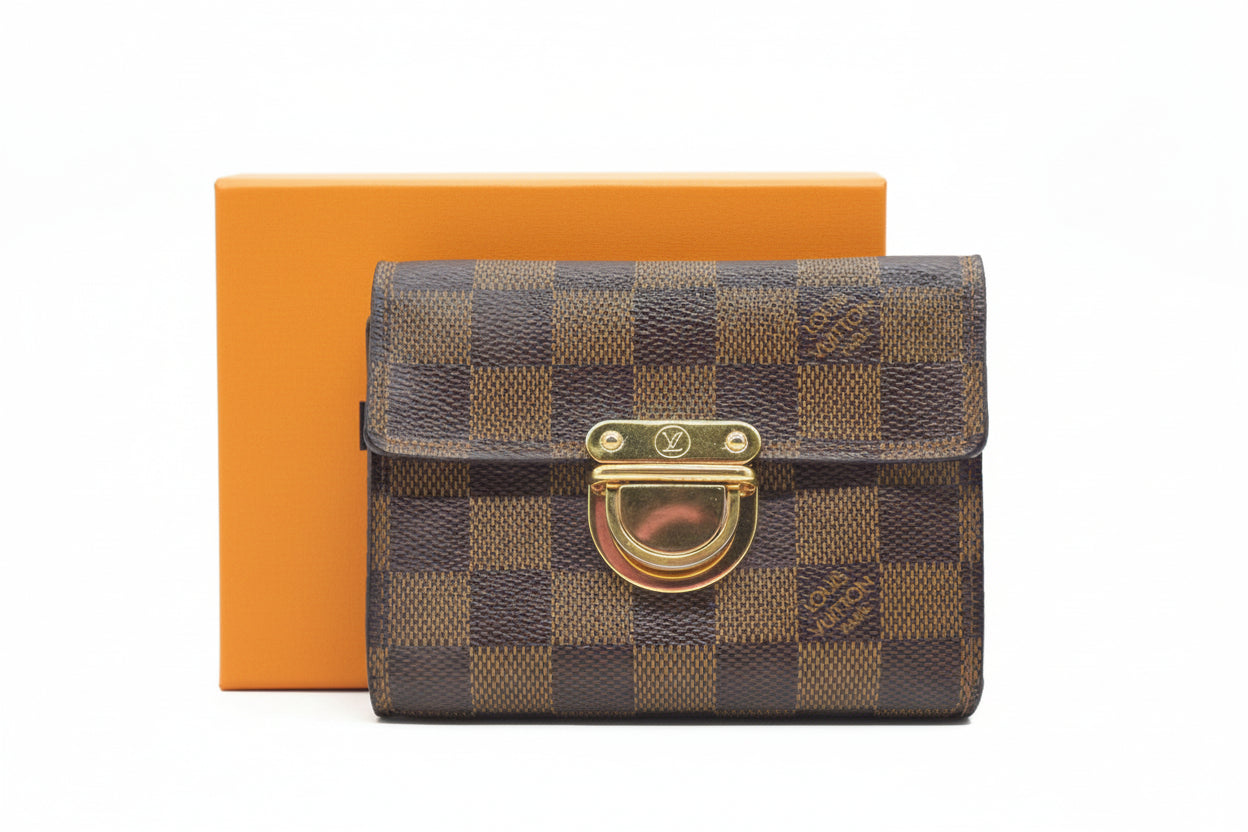 $750 LOUIS VUITTON Damier Ebene Koala Compact Wallet