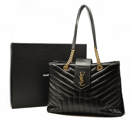 SAINT LAURENT Calfskin Y Quilted Monogram Large Loulou Shopper Black