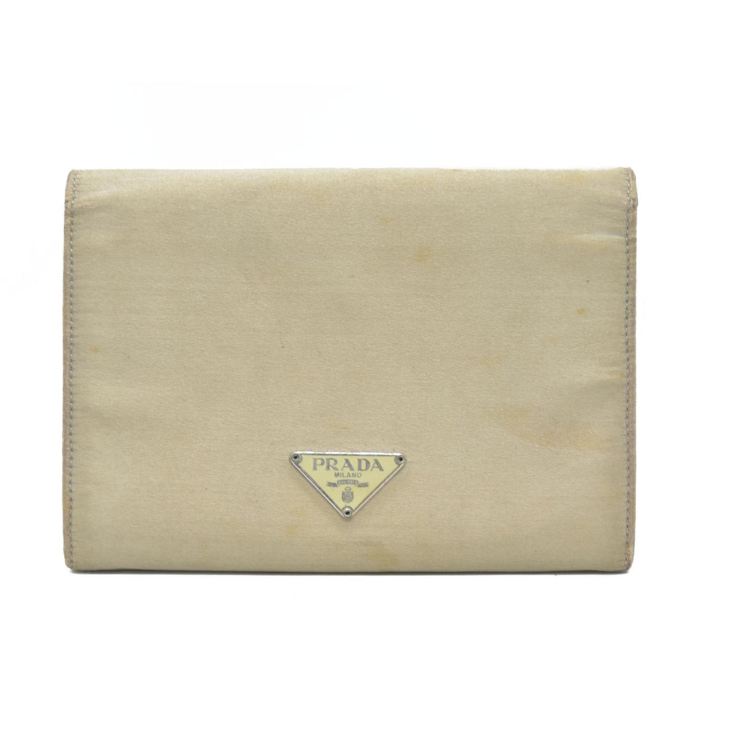 PRADA Logo Plate Nylon Trifold Wallet Beige