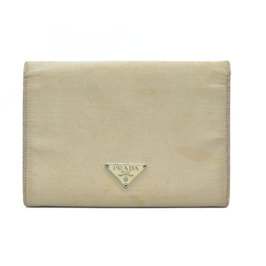 PRADA Logo Plate Nylon Trifold Wallet Beige