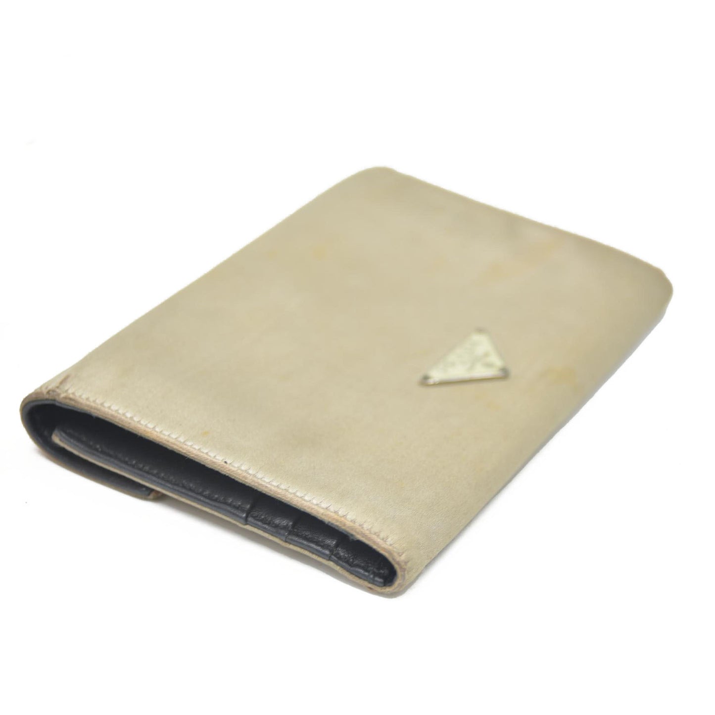 PRADA Logo Plate Nylon Trifold Wallet Beige