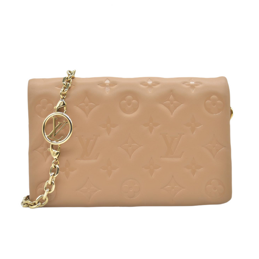 $3150 Louis Vuitton Lambskin Embossed Monogram Pochette Coussin Camel Color Transfer