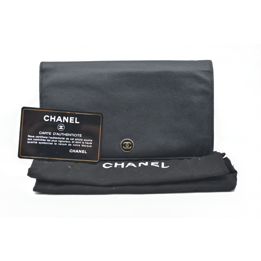 CHANEL CC Long Bifold Wallet Purse Leather Black