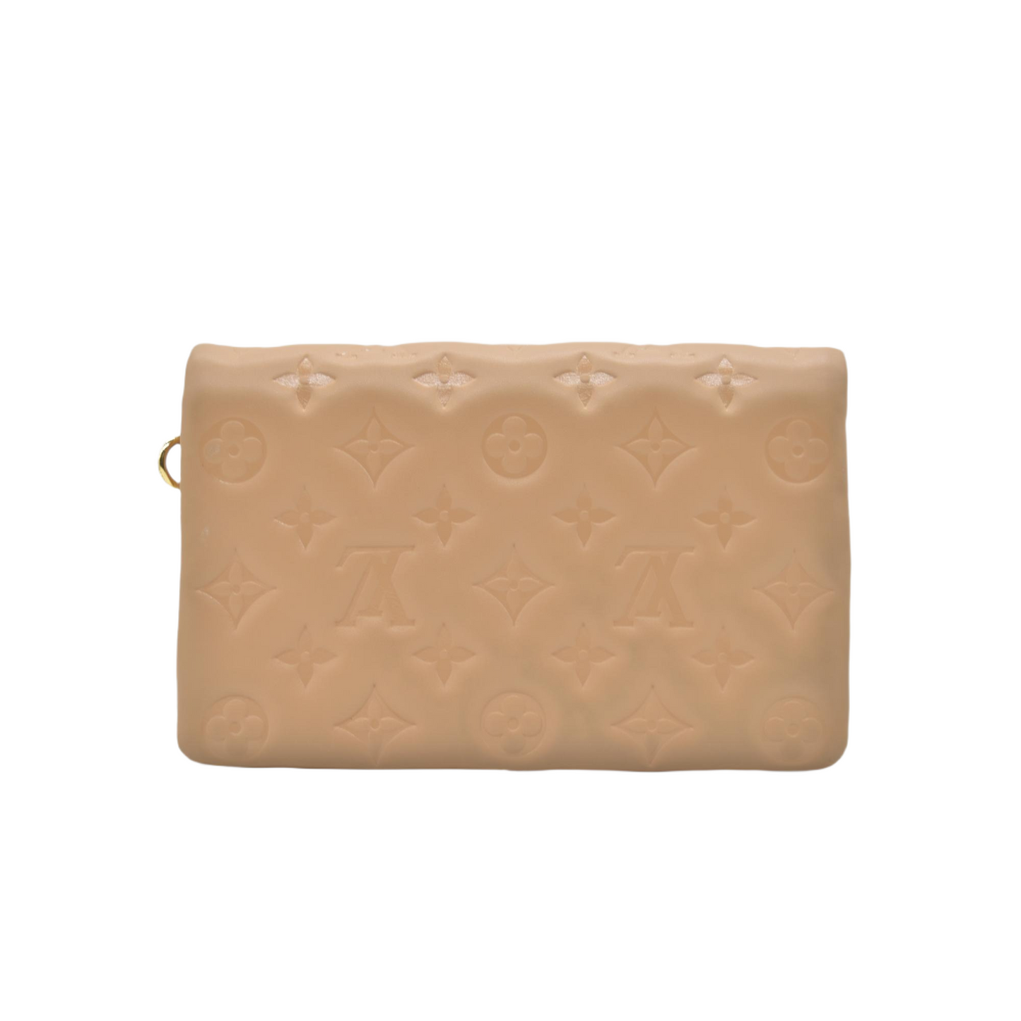 $3150 Louis Vuitton Lambskin Embossed Monogram Pochette Coussin Camel Color Transfer