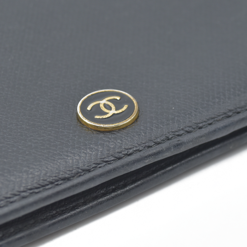 CHANEL CC Long Bifold Wallet Purse Leather Black