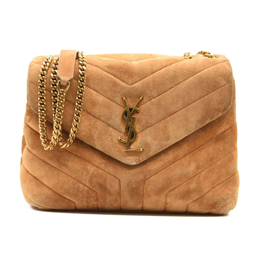 SAINT LAURENT Suede Calfskin Y Quilted Monogram Small Loulou Chain Satchel Cinnamon