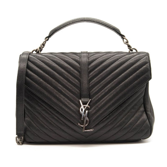 Saint Laurent Sheepskin Matelasse Chevron Monogram Large College Satchel Black Silver