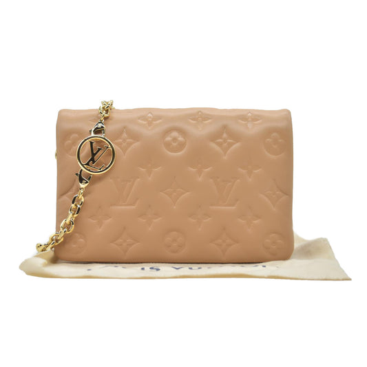 $3150 Louis Vuitton Lambskin Embossed Monogram Pochette Coussin Camel