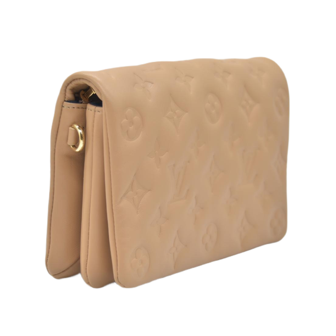 $3150 Louis Vuitton Lambskin Embossed Monogram Pochette Coussin Camel