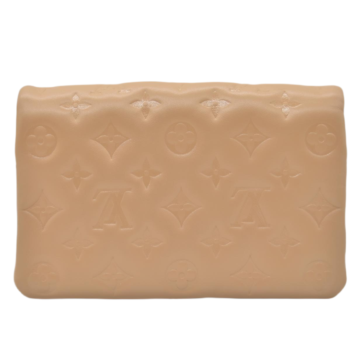 $3150 Louis Vuitton Lambskin Embossed Monogram Pochette Coussin Camel
