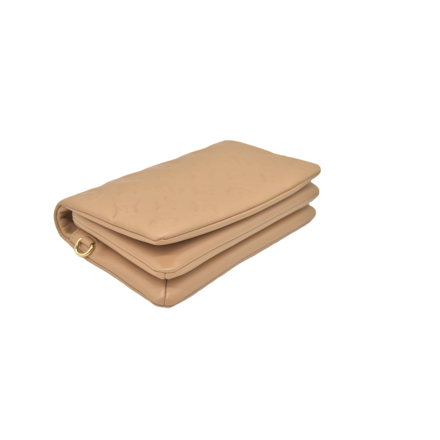 $3150 Louis Vuitton Lambskin Embossed Monogram Pochette Coussin Camel