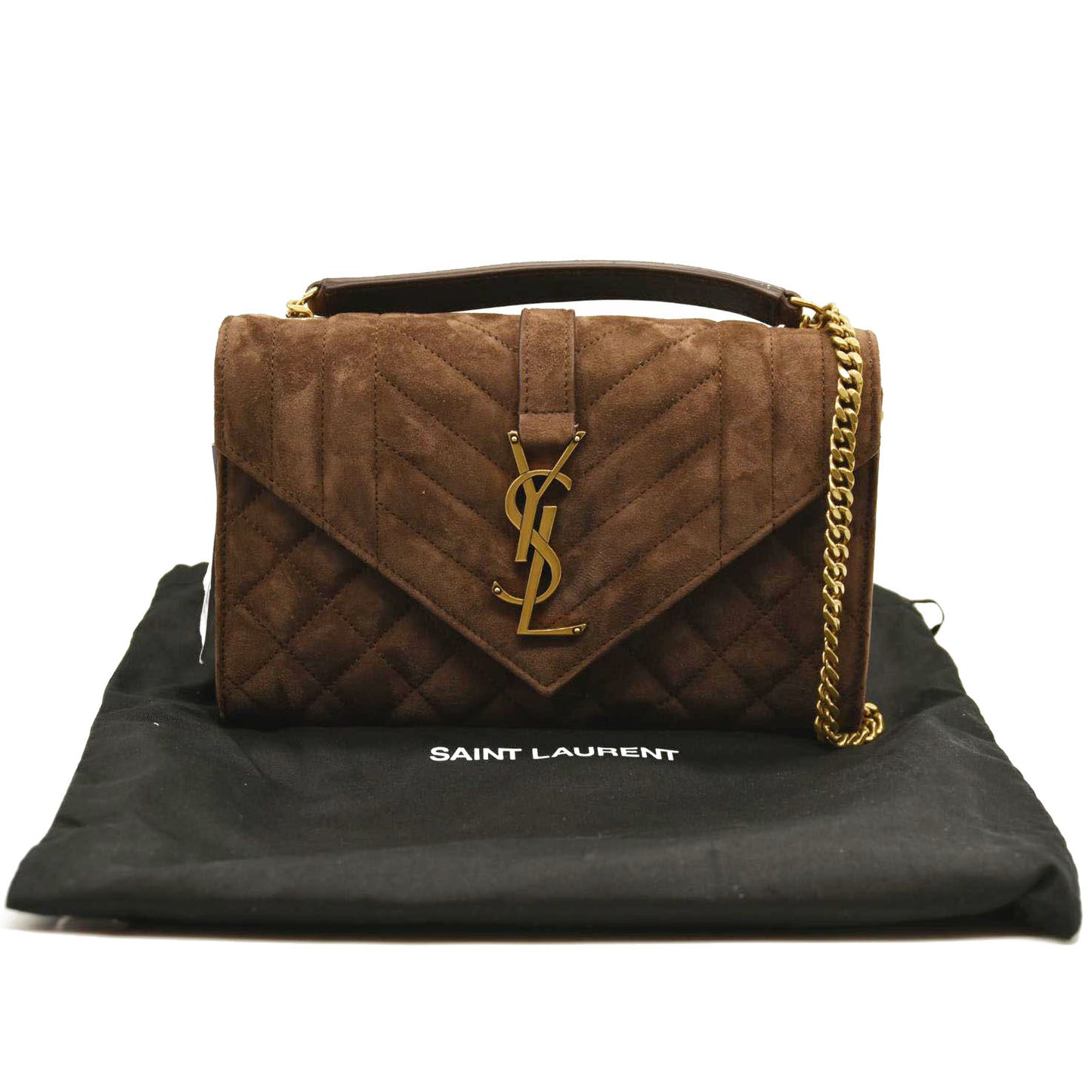 SAINT LAURENT  Suede Mixed Matelasse Triquilt Small Monogram Envelope Satchel Cinnamon