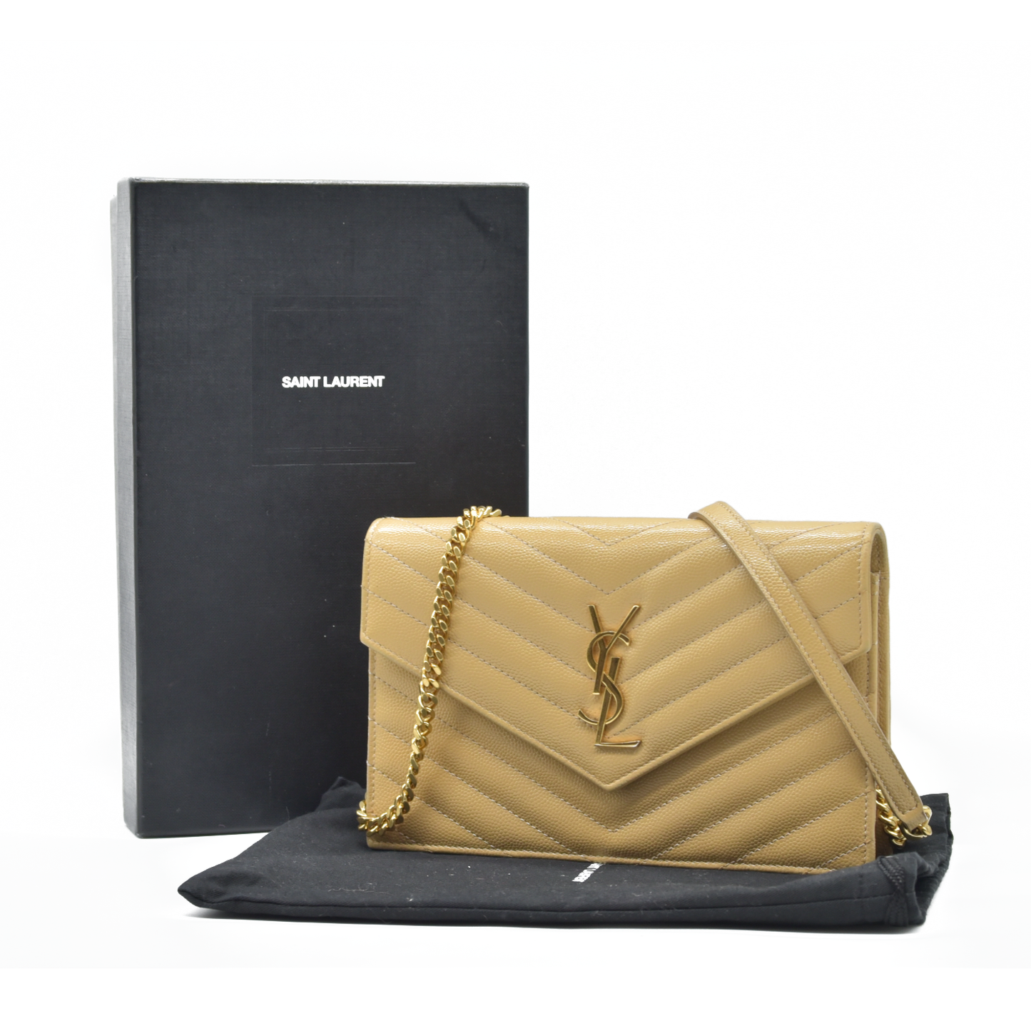 $1190 Saint Laurent Grain De Poudre Matelasse Chevron Monogram Envelope Chain Wallet Light Chartreuse