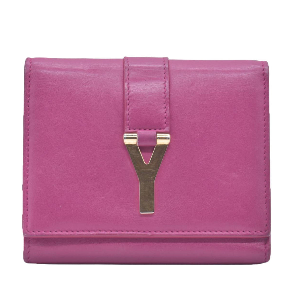 $400 Saint Laurent Classic Y Compact Trifold Wallet Fuchsia CONSIGNMENT 10021149