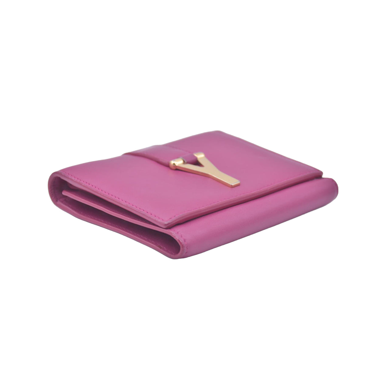 $400 Saint Laurent Classic Y Compact Trifold Wallet Fuchsia CONSIGNMENT 10021149