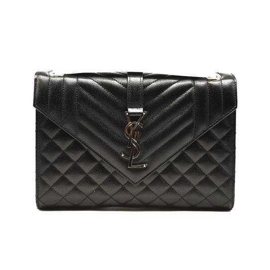 NEW SAINT LAURENT Grain De Poudre Textured Mixed Matelasse Triquilt Medium Monogram Satchel Black