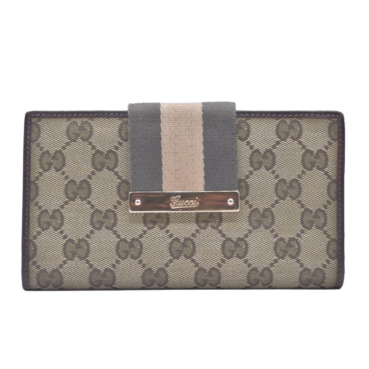 $595 Gucci Beige Green GG Canvas Web Continental Wallet CONSIGNMENT 10021150
