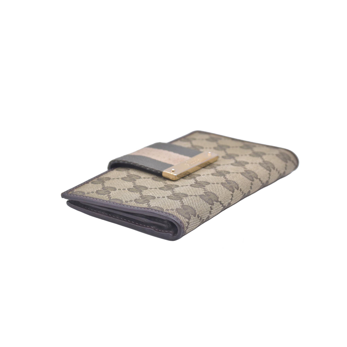 $595 Gucci Beige Green GG Canvas Web Continental Wallet CONSIGNMENT 10021150