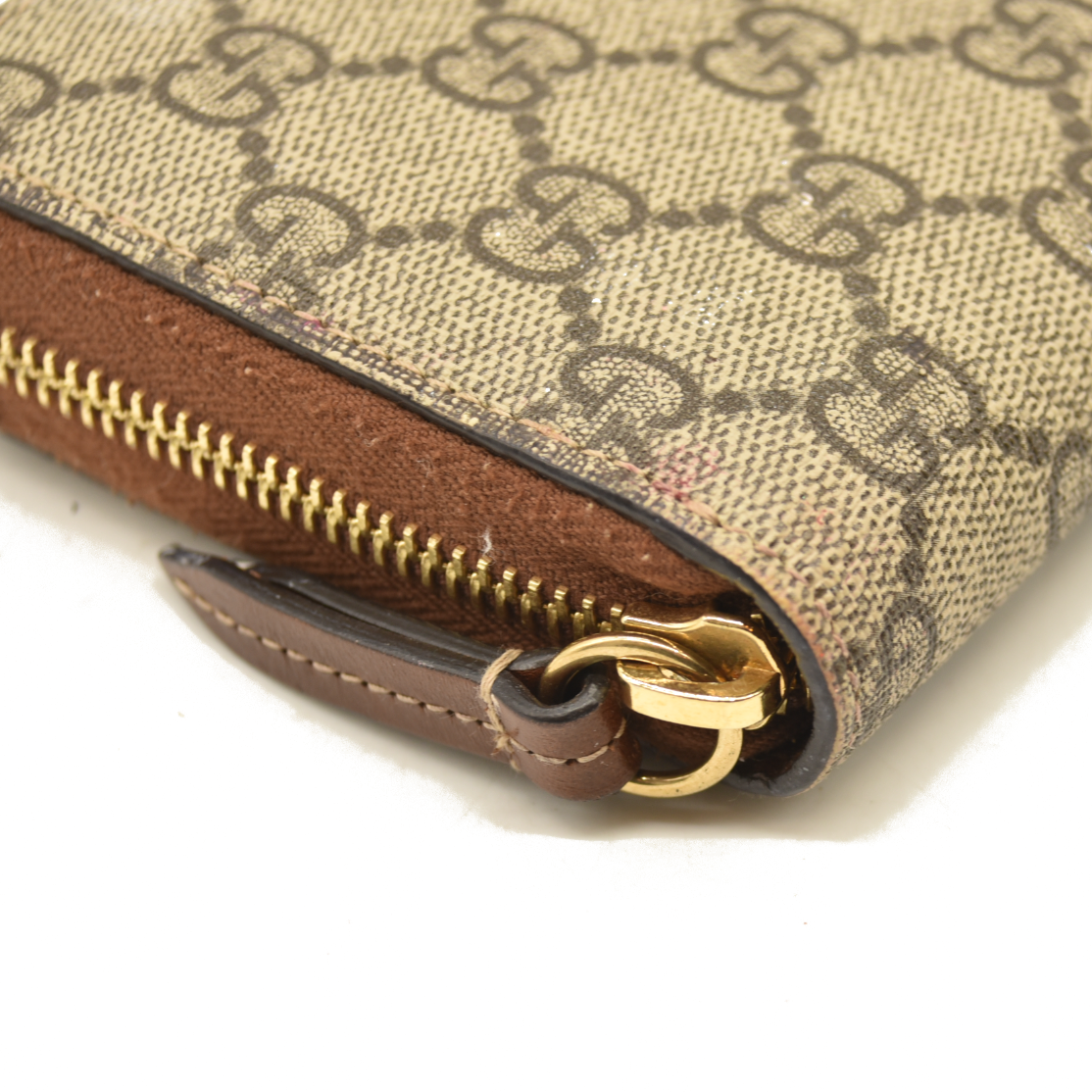 Gucci  GG Supreme Monogram Cuoio Toscano Zip Around Wallet Beige Ebony Cuir