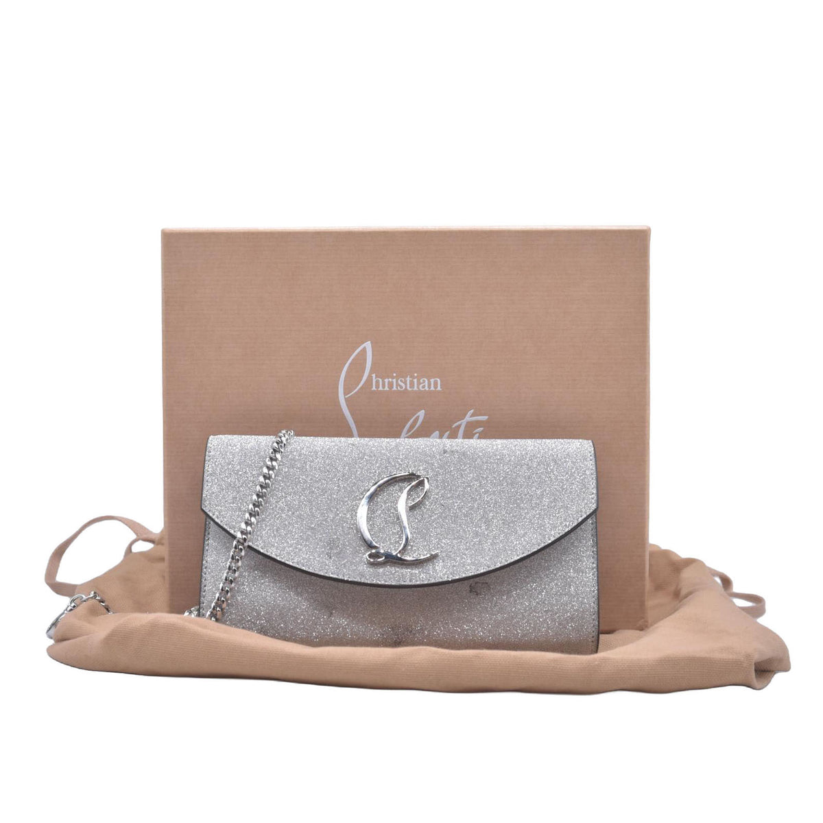 $1190 Christian Louboutin Glitter Calfskin Loubi54 Crossbody Clutch Silver 10021112