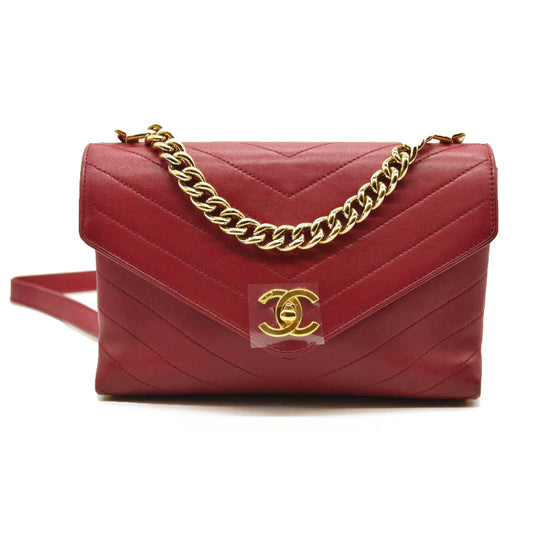 CHANEL  Calfskin Chevron Stitched Small Coco Flap Bag Red