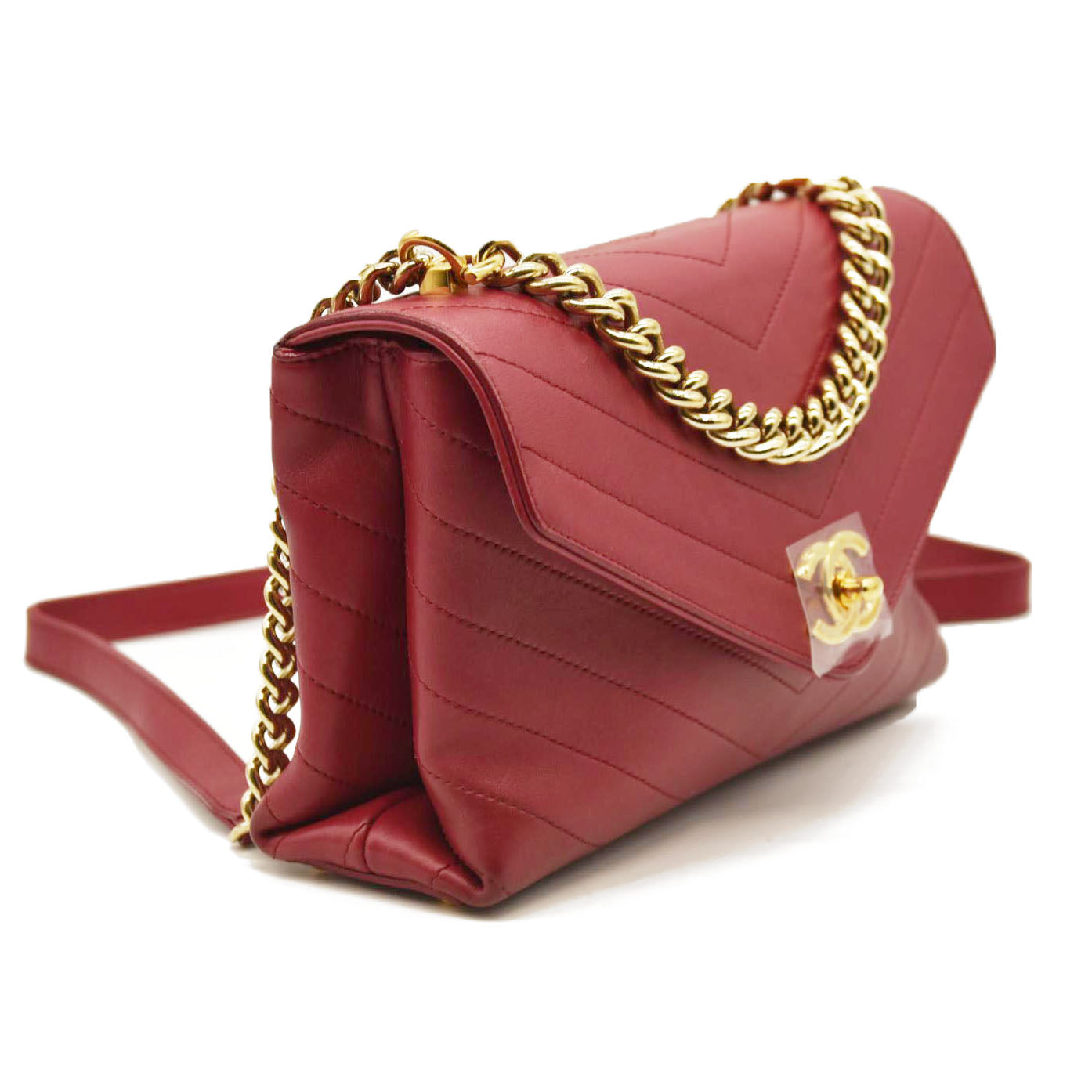 CHANEL  Calfskin Chevron Stitched Small Coco Flap Bag Red