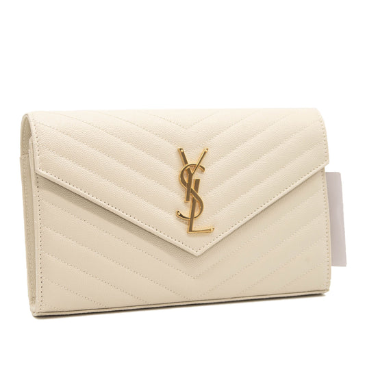 NEW Saint Laurent Grain De Poudre Matelasse Chevron Monogram Chain Wallet Crema Soft