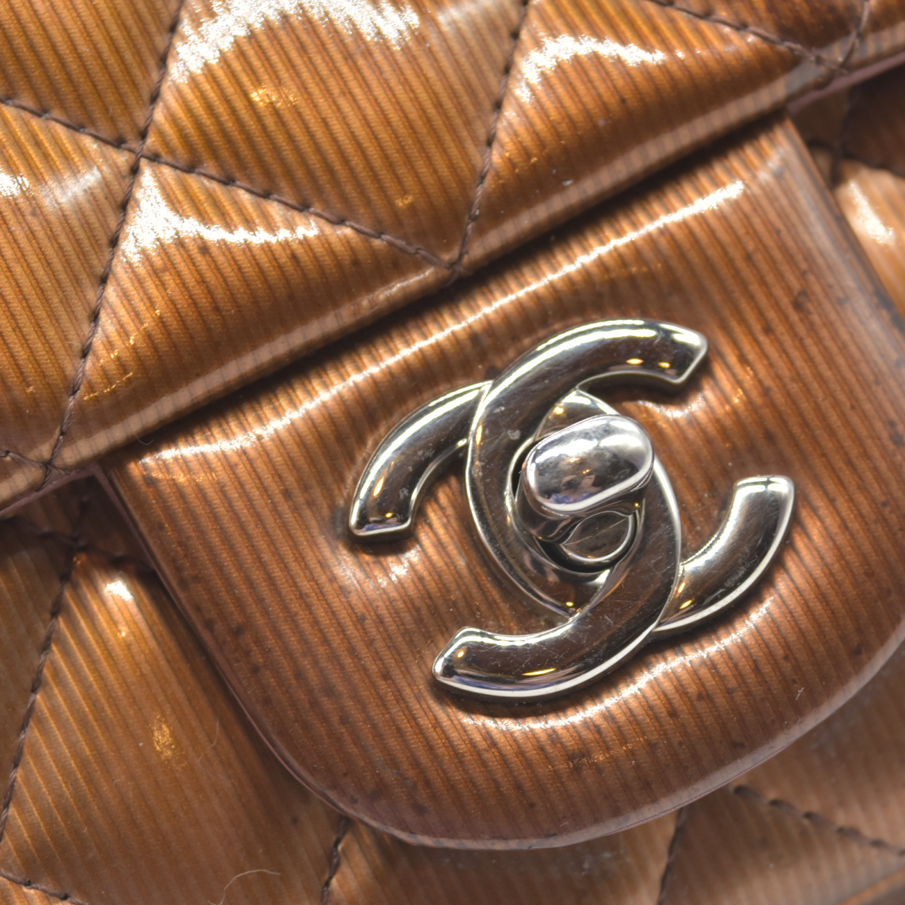 $5200 2013 Chanel Patent Calfskin Quilted Mini Rectangular Flap Bronze Metallic
