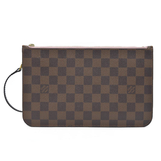 Louis Vuitton  Damier Ebene Neverfull MM Pochette Rose Ballerine Wristlet