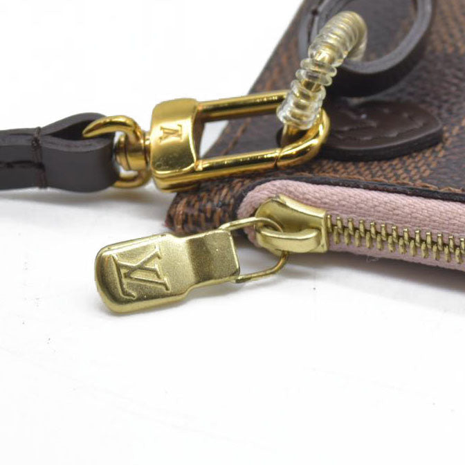 Louis Vuitton  Damier Ebene Neverfull MM Pochette Rose Ballerine Wristlet