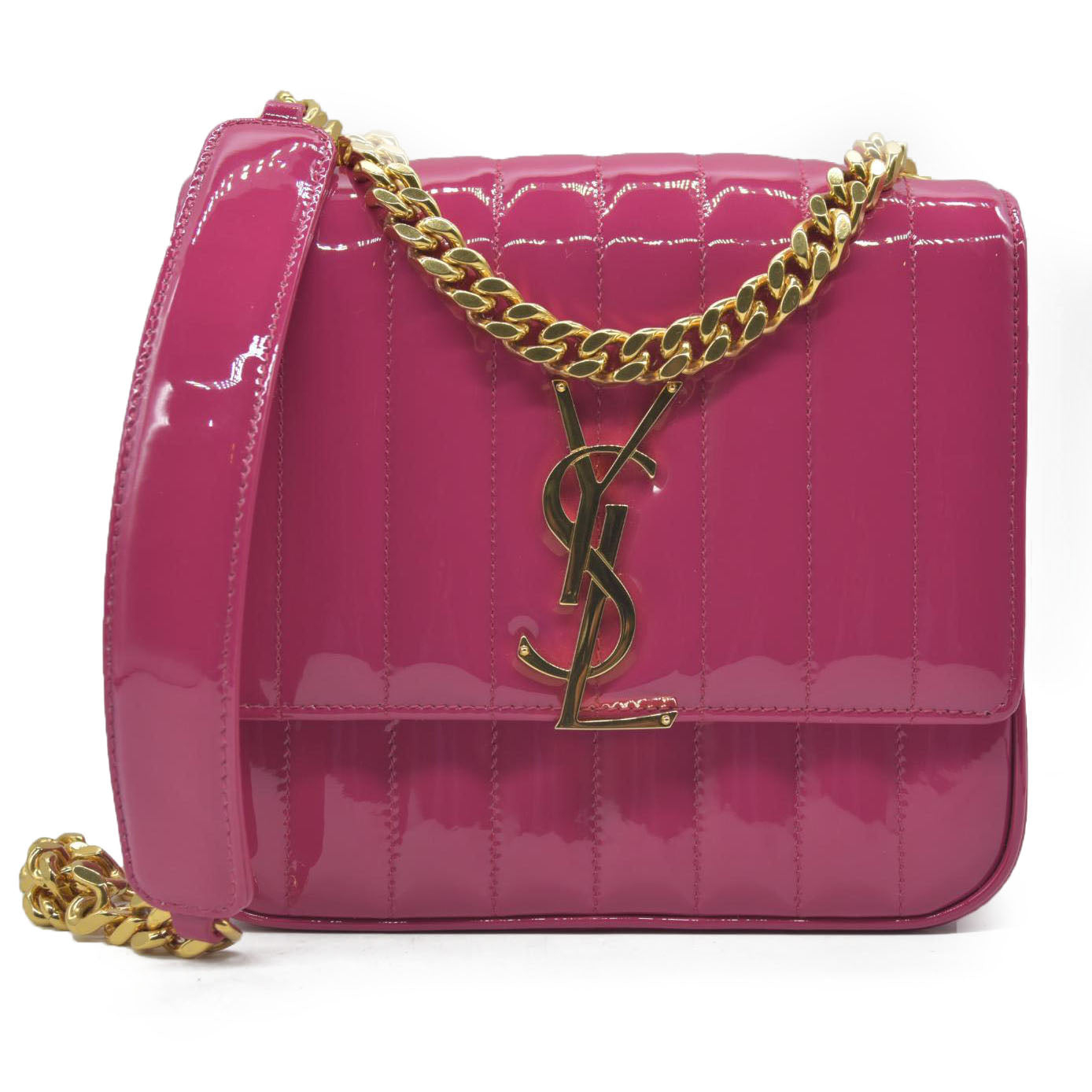 $2590 Saint Laurent Patent Calfskin Matelasse Monogram Medium Vicky Chain Bag Pink