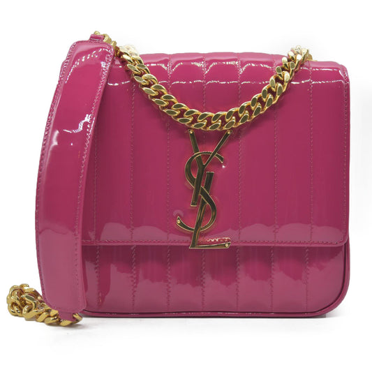 $2590 Saint Laurent Patent Calfskin Matelasse Monogram Medium Vicky Chain Bag Pink