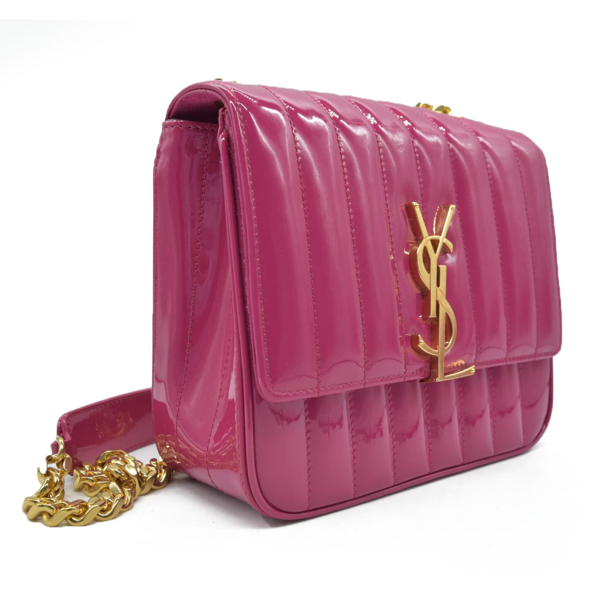 $2590 Saint Laurent Patent Calfskin Matelasse Monogram Medium Vicky Chain Bag Pink