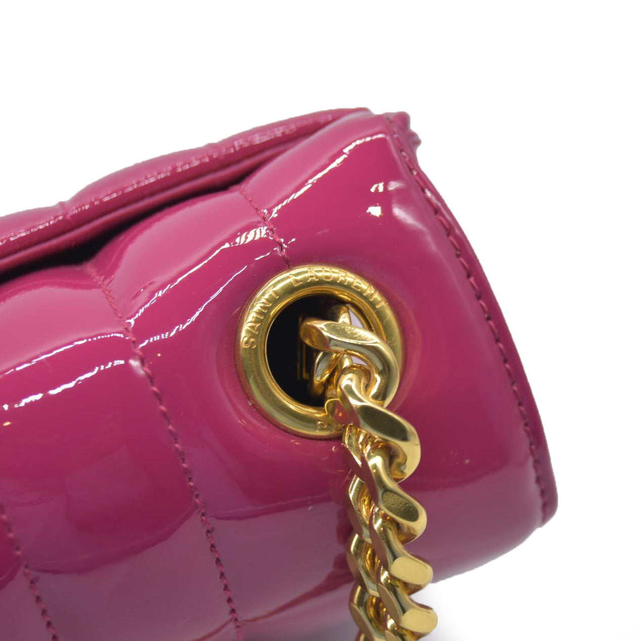 $2590 Saint Laurent Patent Calfskin Matelasse Monogram Medium Vicky Chain Bag Pink