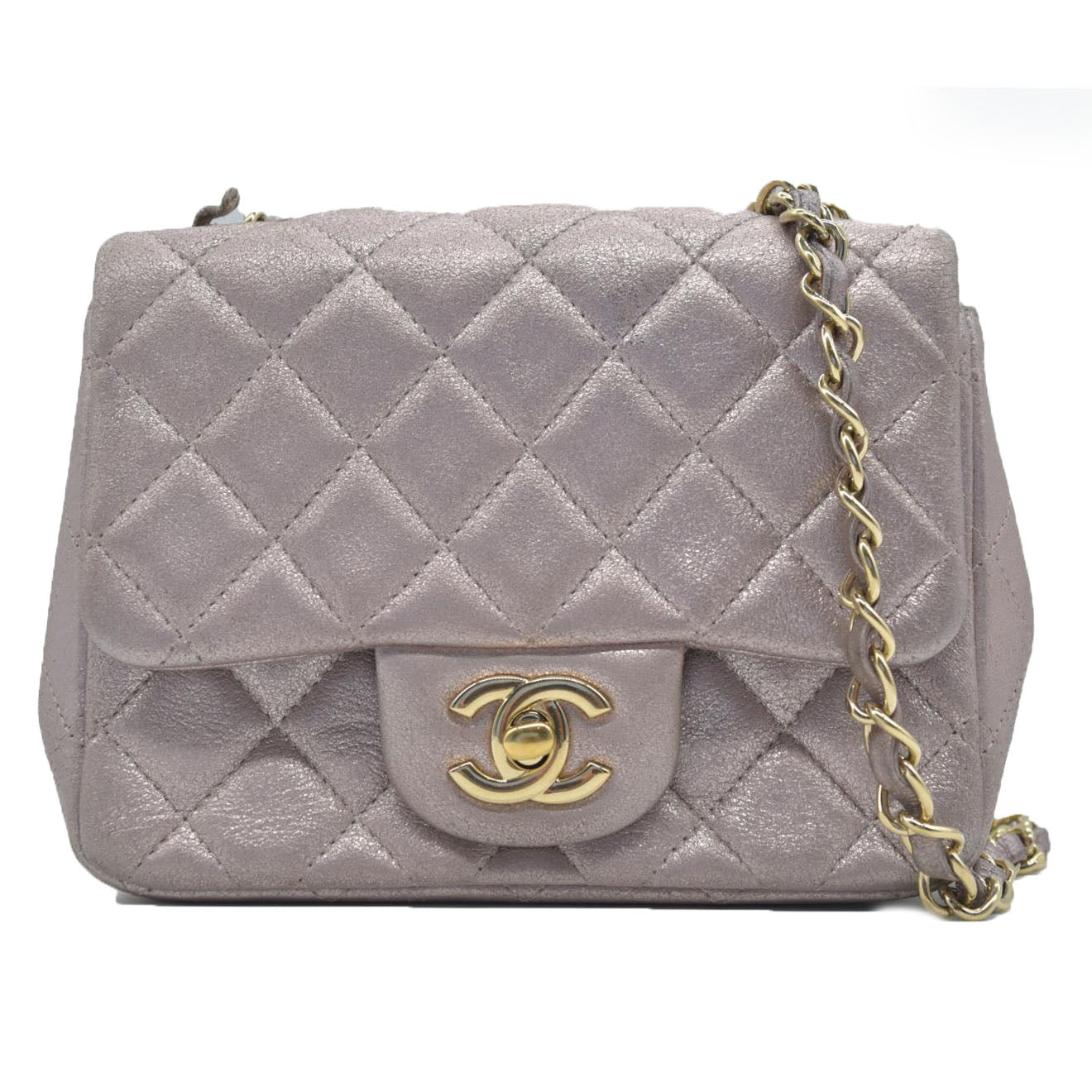 $5200 Chanel Metallic Lambskin Quilted Mini Square Flap Pink Purple