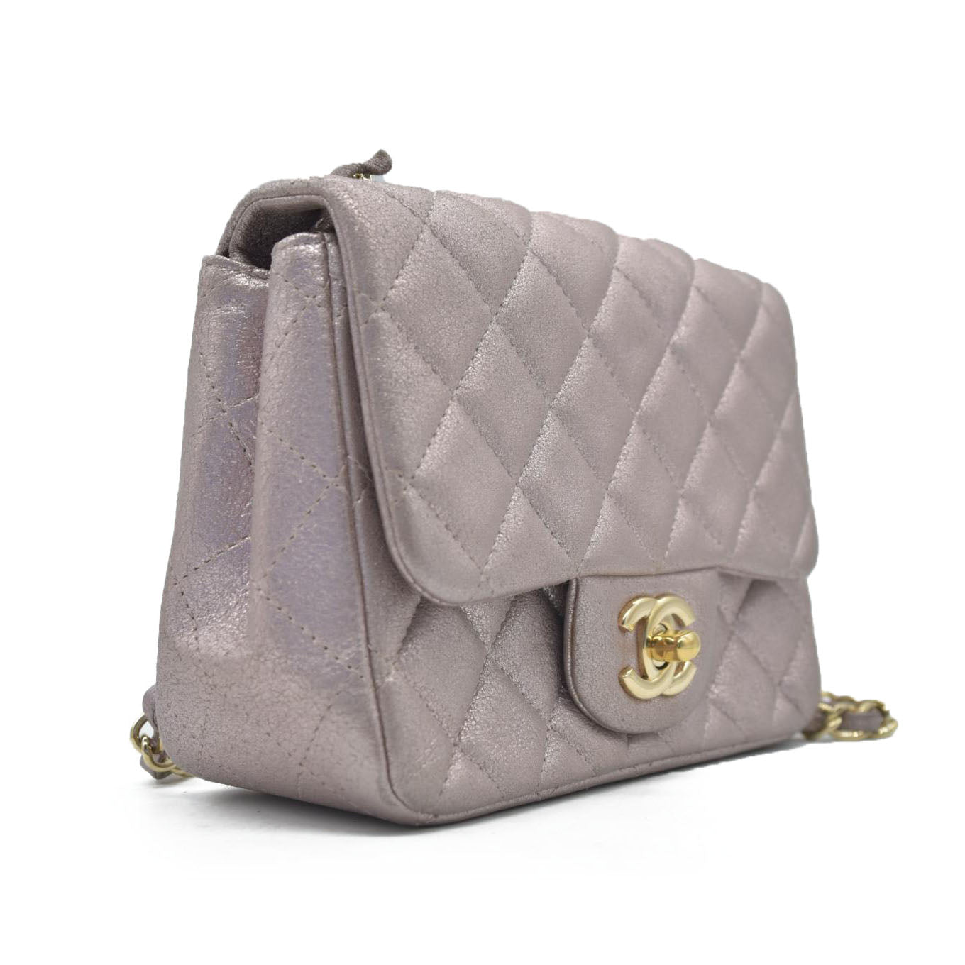 $5200 Chanel Metallic Lambskin Quilted Mini Square Flap Pink Purple