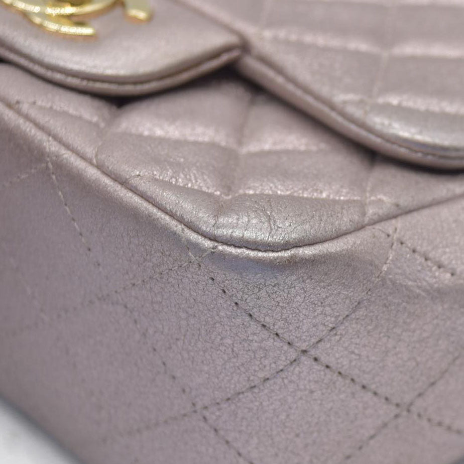 $5200 Chanel Metallic Lambskin Quilted Mini Square Flap Pink Purple