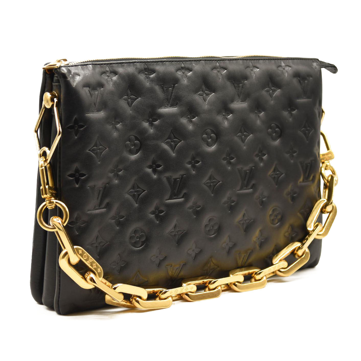 LOUIS VUITTON Lambskin Embossed Monogram Coussin MM Black