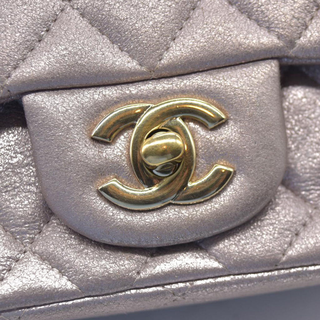 $5200 Chanel Metallic Lambskin Quilted Mini Square Flap Pink Purple