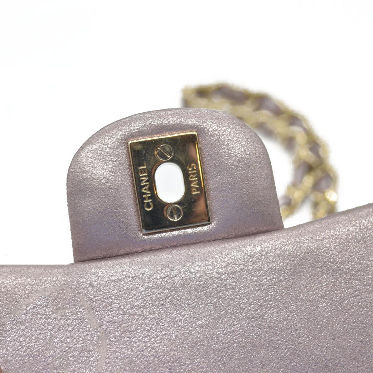 $5200 Chanel Metallic Lambskin Quilted Mini Square Flap Pink Purple