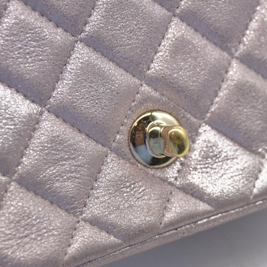 $5200 Chanel Metallic Lambskin Quilted Mini Square Flap Pink Purple
