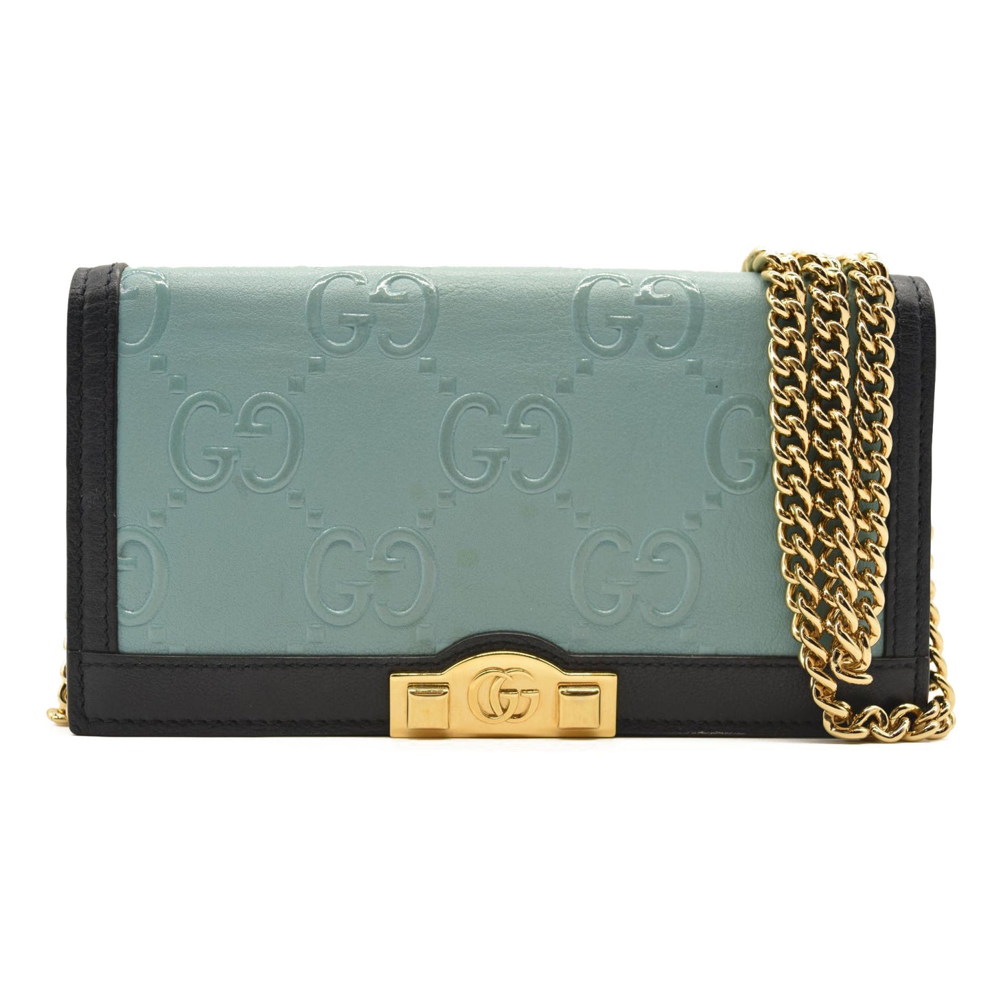 GUCCI BLUE GG EMBOSSED LEATHER CHAIN WALLET