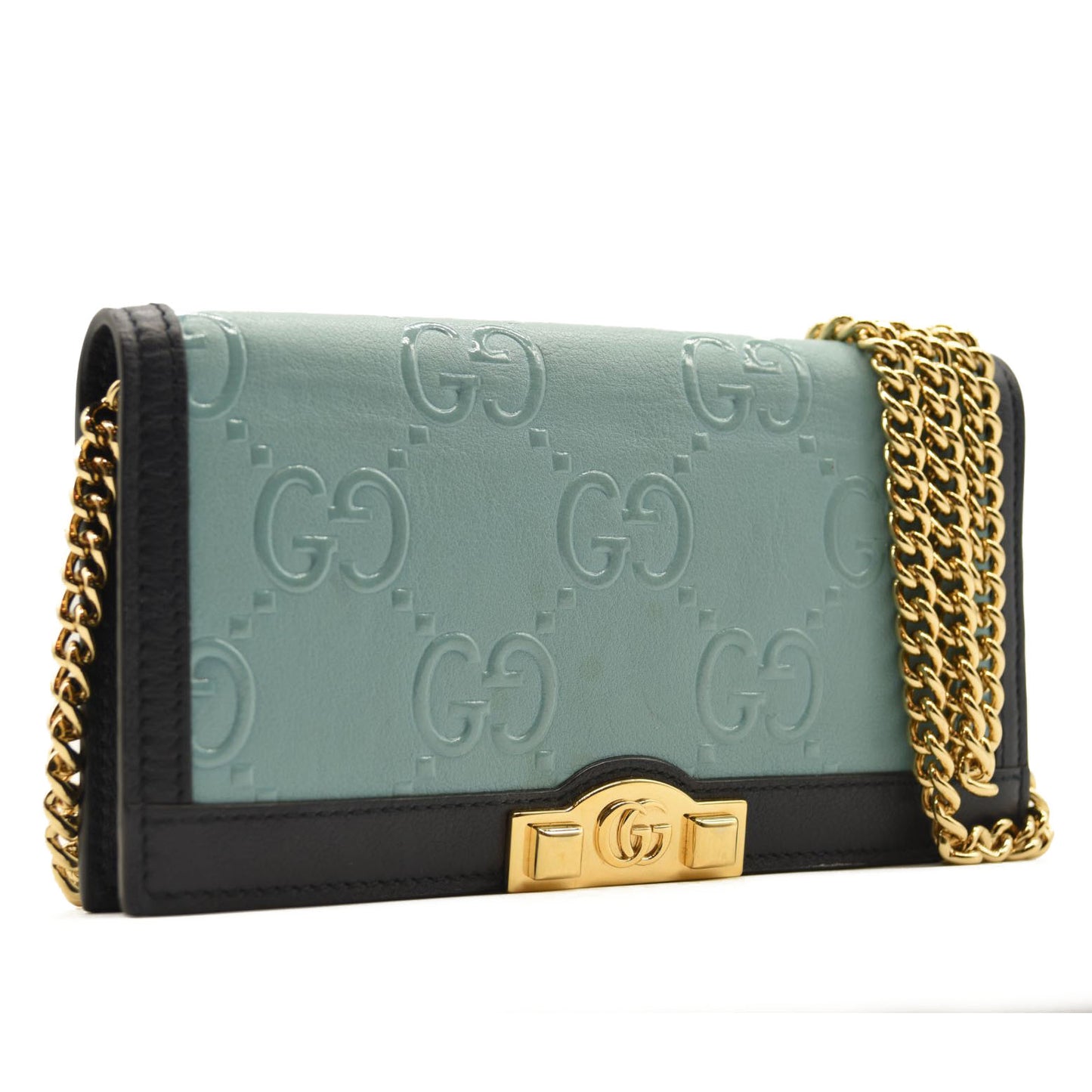 GUCCI BLUE GG EMBOSSED LEATHER CHAIN WALLET