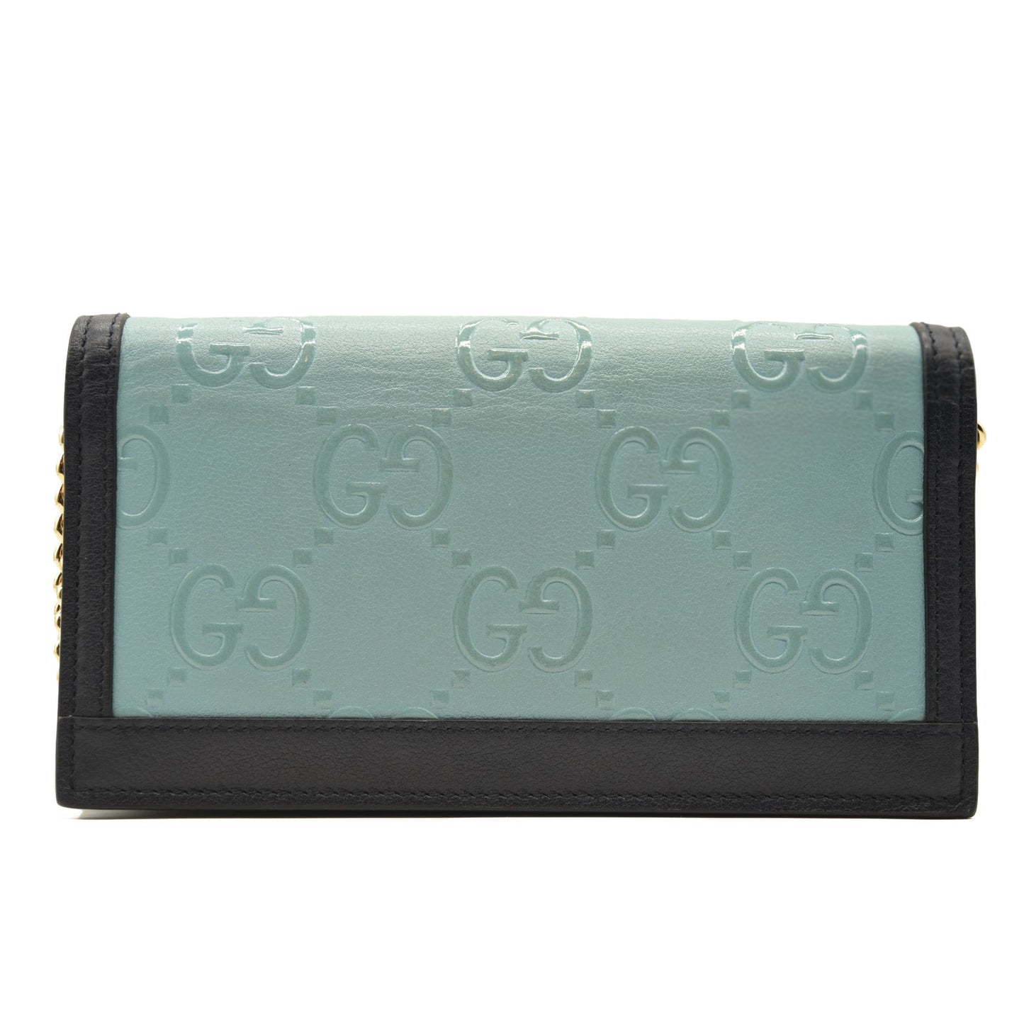 GUCCI BLUE GG EMBOSSED LEATHER CHAIN WALLET