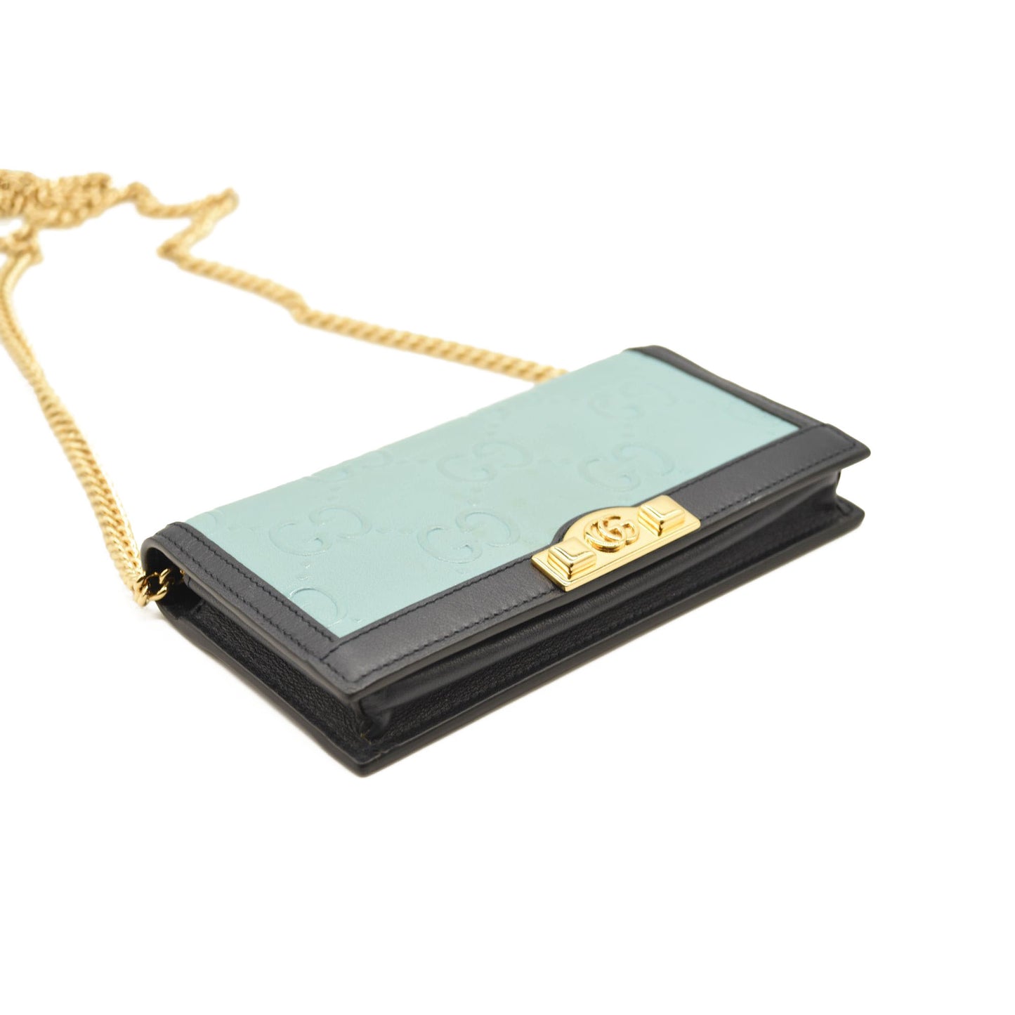 GUCCI BLUE GG EMBOSSED LEATHER CHAIN WALLET