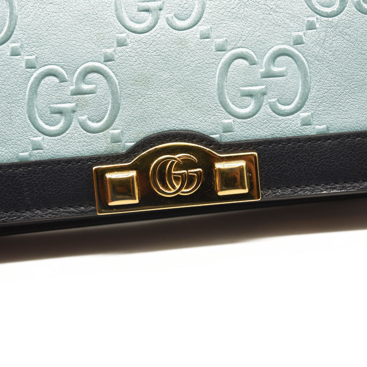 GUCCI BLUE GG EMBOSSED LEATHER CHAIN WALLET