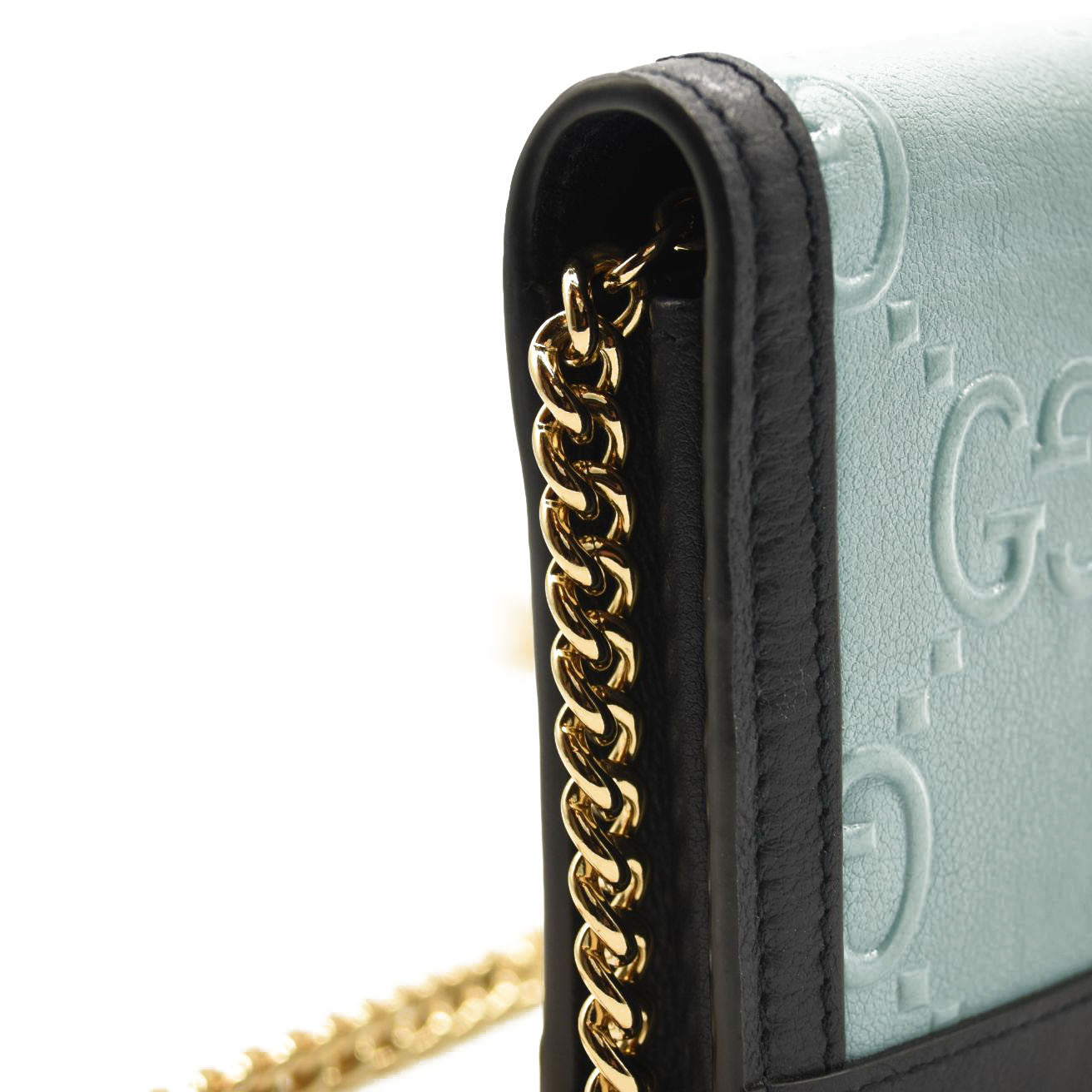 GUCCI BLUE GG EMBOSSED LEATHER CHAIN WALLET