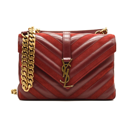 SAINT LAURENT Calfskin Suede Matelasse Chevron Medium Monogram College Bag Burgundy