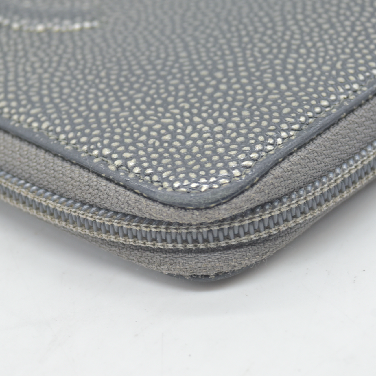 $1375 2014 CHANEL CC Logo Timeless Caviar Zip Around Long Wallet Metallic Silver