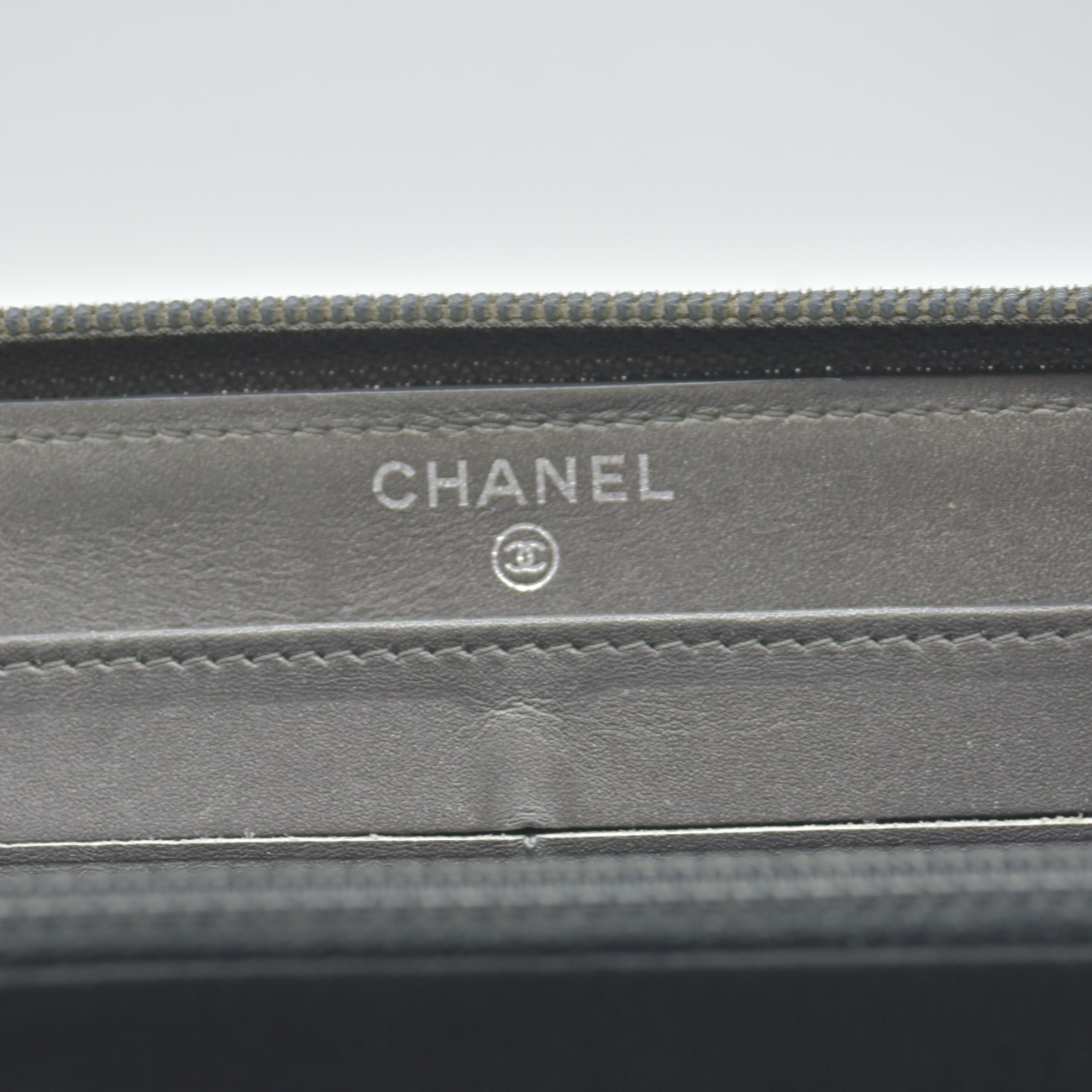 $1375 2014 CHANEL CC Logo Timeless Caviar Zip Around Long Wallet Metallic Silver